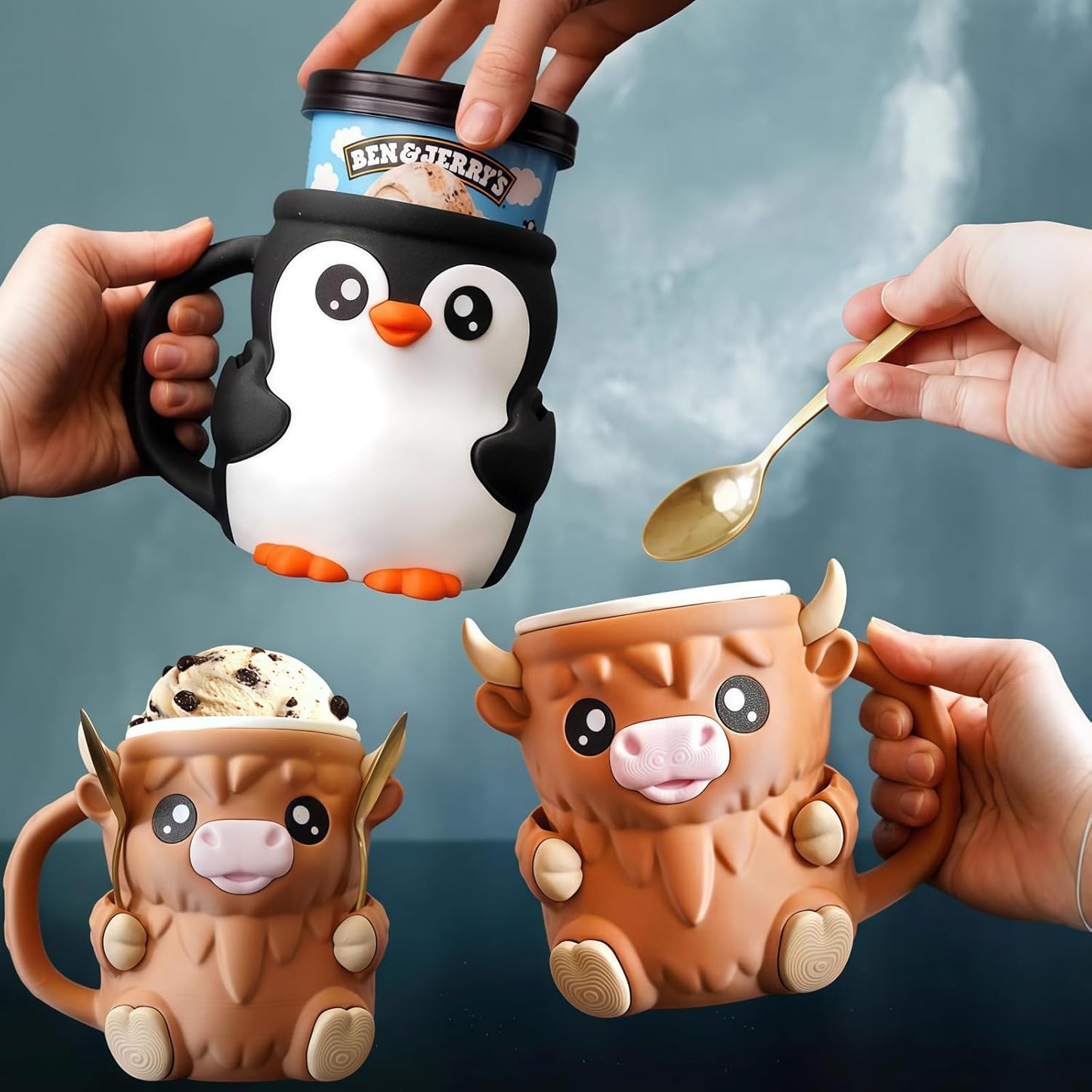 2025 New Ice Cream Pint Holder, Cow Ice Cream Pint Holder, with Antifreeze Handle and Two Spoons, Gift for Cream Lovers (Brown)