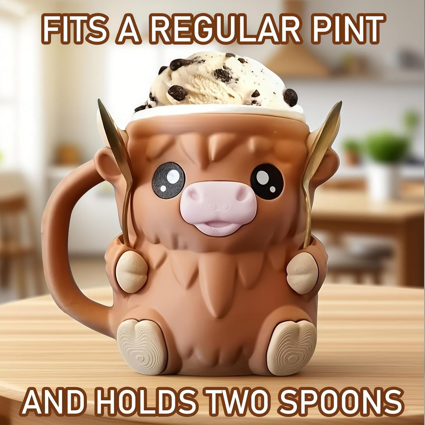 2025 New Ice Cream Pint Holder, Cow Ice Cream Pint Holder, with Antifreeze Handle and Two Spoons, Gift for Cream Lovers (Brown)