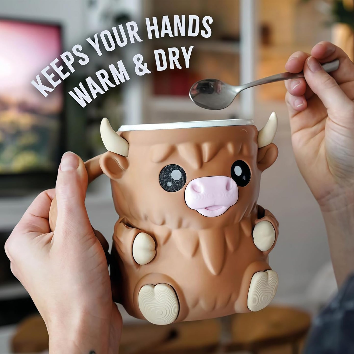 2025 New Ice Cream Pint Holder, Cow Ice Cream Pint Holder, with Antifreeze Handle and Two Spoons, Gift for Cream Lovers (Brown)
