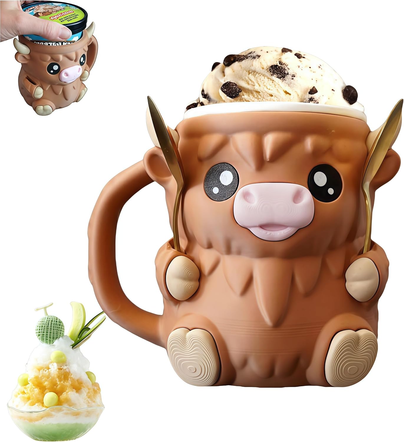 2025 New Ice Cream Pint Holder, Cow Ice Cream Pint Holder, with Antifreeze Handle and Two Spoons, Gift for Cream Lovers (Brown)